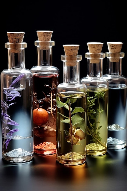 Ätherische Öle in gut aussehenden Flaschen klar ohne Etiketten natürliche Zutaten echt fotorealistisch