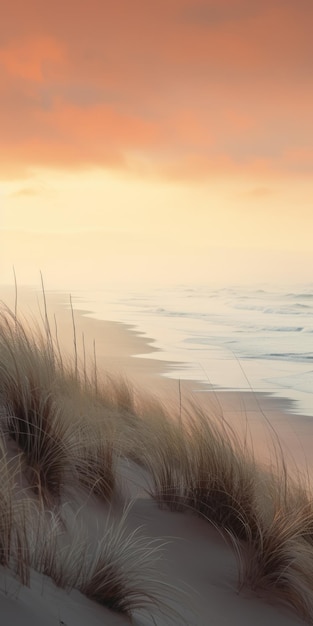 Ätherische Meereslandschaften Eine ruhige Düne mit Gras und Sonnenuntergang