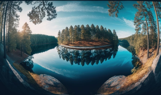 Ätherischer Panoramablick auf einen wunderschönen Waldsee in Russland