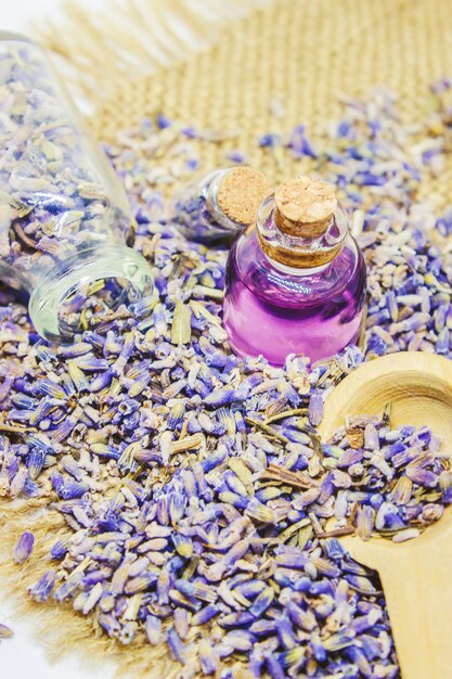 Ätherisches Öl von Lavendel. Selektiver Fokus Natur Bio-Blumen.