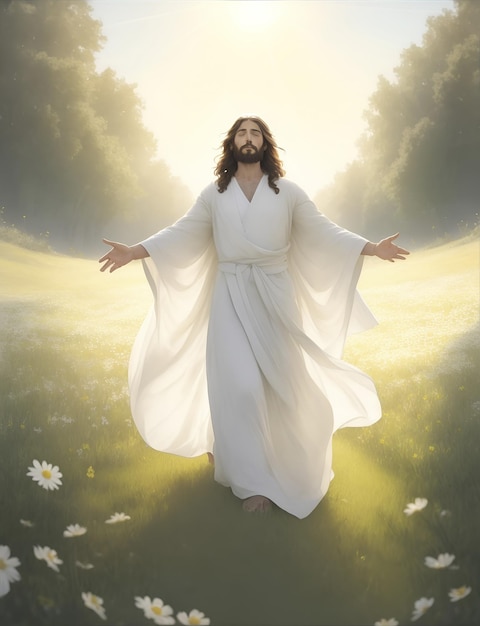 Ätherisches Porträt Jesu inmitten einer ruhigen sonnigen Wiese Dein weißer Mantel schwebt in der sanften Brise