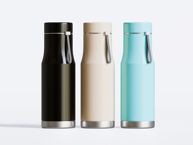 Thermal Sport Wasserflasche 3D-Rendering Weiß Leerfarbe auf grauem Hintergrund