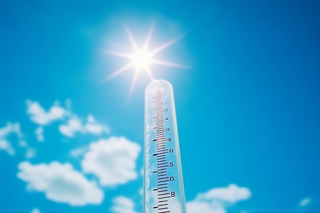 Thermometer mit blauem Himmel und Sonne messen die Temperatur, Wettervorhersage und globale Erwärmung