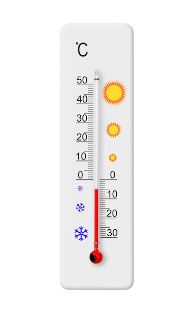 Thermometer mit Celsius-Skala isoliert auf weißem Hintergrund. Umgebungstemperatur minus 5 Grad