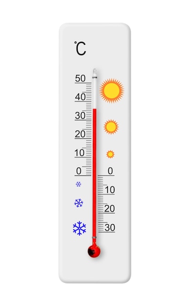 Thermometer mit Celsius-Skala isoliert auf weißem Hintergrund. Umgebungstemperatur plus 36 Grad