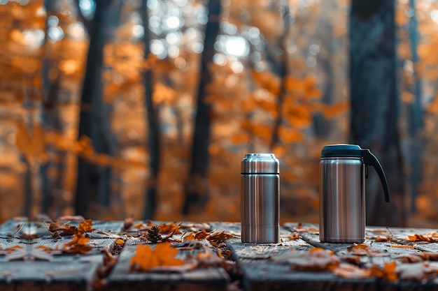 Foto thermos em uma mesa de madeira gerada por ia