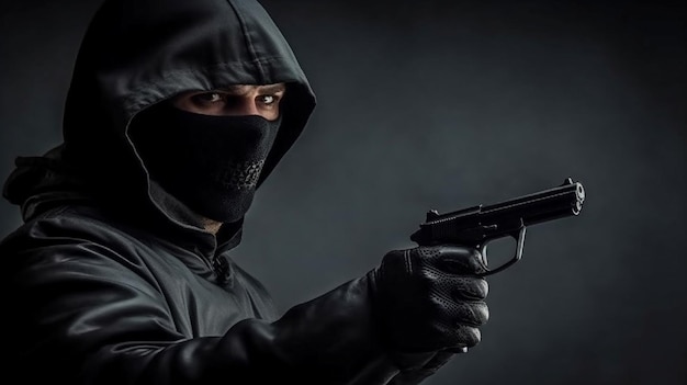 Thief Generative AI retrata uma visão lateral de caras em balaclavas pretos brandindo armas