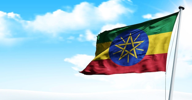 Äthiopien winkende 3D-Render-Flagge auf blauem Himmelshintergrund. - Bild