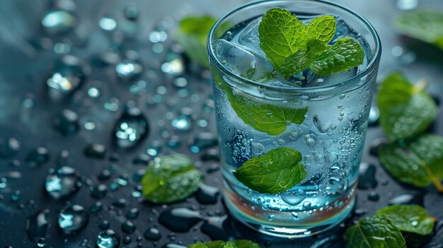 Foto this glass filled with water and fresh mint leaves glass of water with mint leaves