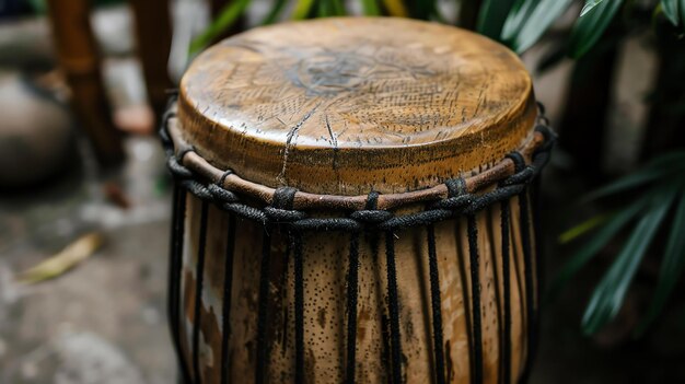 Foto this image shows a traditional african drum the drum is made of wood and has a goatskin head