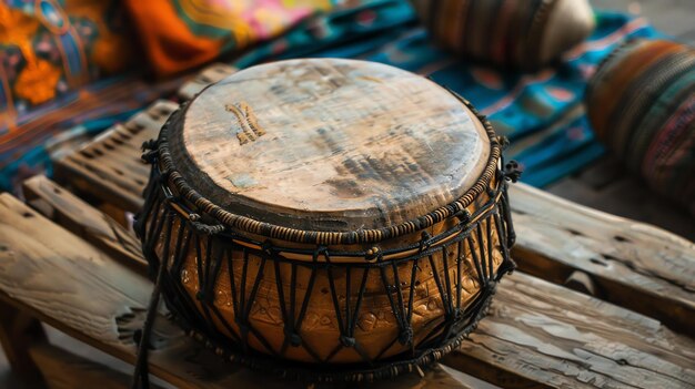 Foto this is a beautiful handcrafted drum made of wood and leather