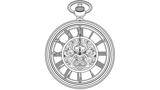 Foto this is a black and white outline of a pocket watch the watch is surrounded by ornate flourishes and has a small keyhole at the top