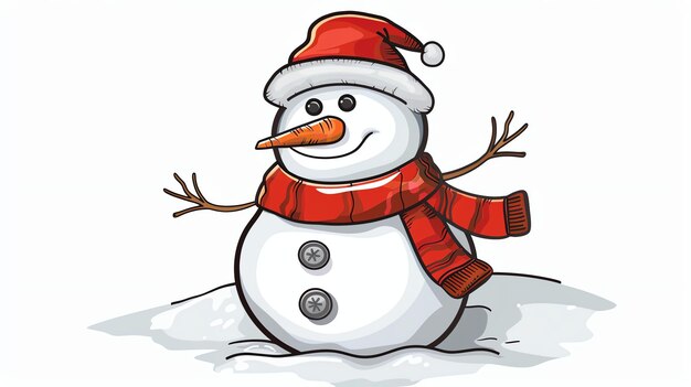 Foto this is a cute and friendly snowman he is wearing a red hat and a red scarf he has a carrot for a nose and two black buttons for eyes