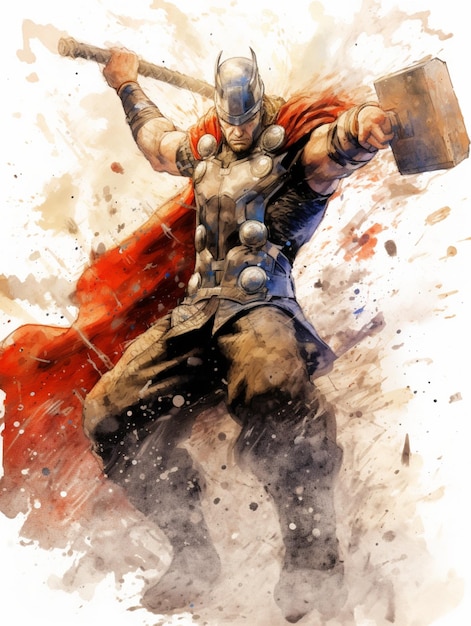 Thor mit dem riesigen Mjolnir, der mit Tinte digitale Illustrationen zeichnet