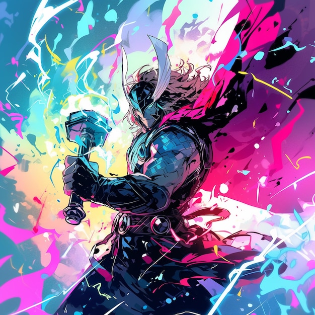 Thor Thor está segurando um martelo na mão e um fundo colorido generativo ai