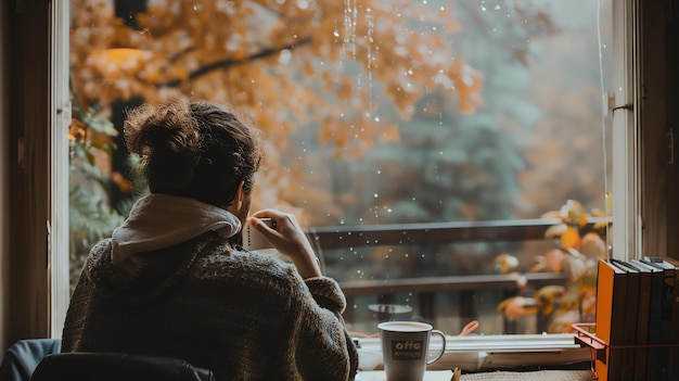 Foto thoughtful woman looking out the window on a rainy day she is wearing a brown sweater and has her hair in a bun