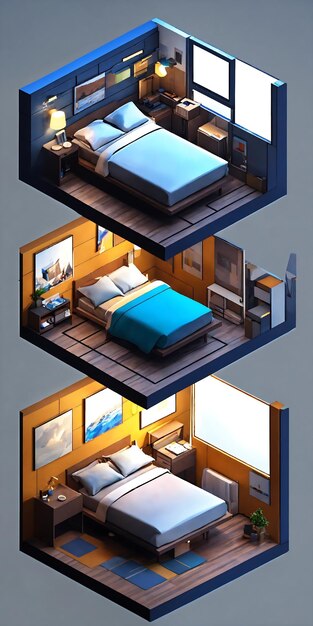 Foto three bedrooms with beds and walls