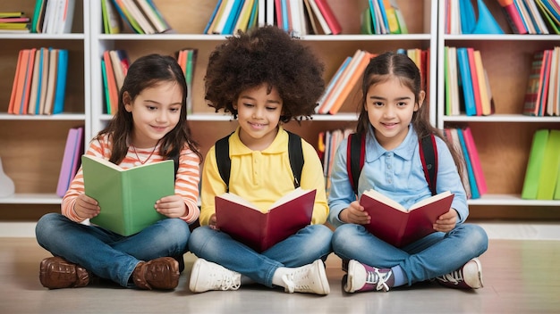 Foto three girls sit on the floor one reading a book