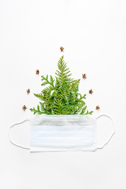 Thuja Zweige mit einer medizinischen Maske