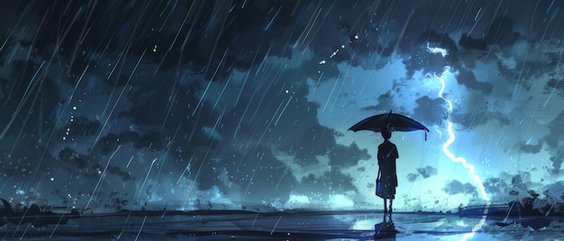 Thunderstorm Serenity Uma ilustração digital de uma figura em silhueta abrigada sob um guarda-chuva