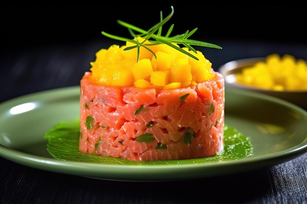 Thunfisch-Mango-Avocado-Salat-Tartar, serviert mit Frühlingszwiebeln und Sesamsamen