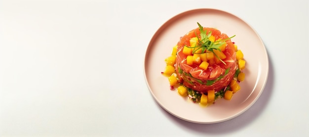 Thunfisch-Mango-Avocado-Salat-Tartar, serviert mit Frühlingszwiebeln und Sesamsamen