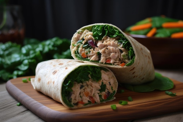 Thunfischsalat-Wrap, gefüllt mit Gemüse und anderem Gemüse für ein gesundes Mittagessen, zubereitet mit generativer KI