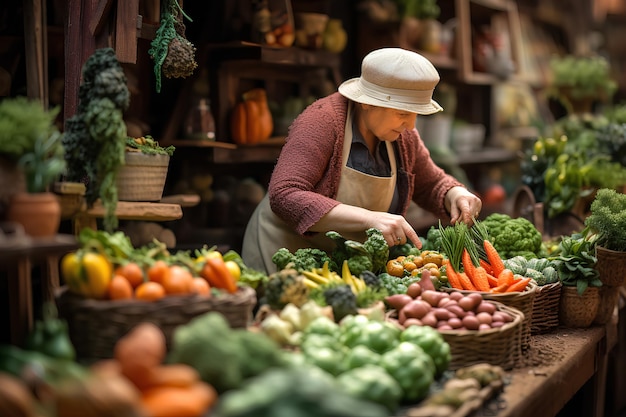 La tía elige verduras frescas en el mercado de verduras.