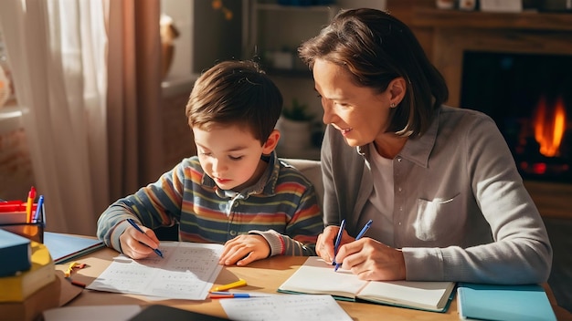 La tía y el sobrino hacen los deberes juntos.