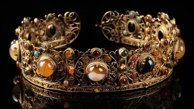 Una tiara dorada con un juego de piedras preciosas y un fondo negro.