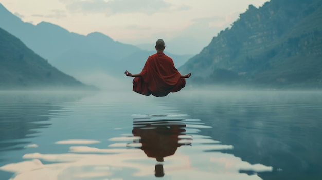 Tibetischer Mönch schwebt in der Luft über Wasser in Lotusposition vor dem Hintergrund von Bergen Kinematische KI-Generative
