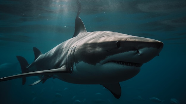 Foto un tiburón en el agua con el sol brillando sobre él.