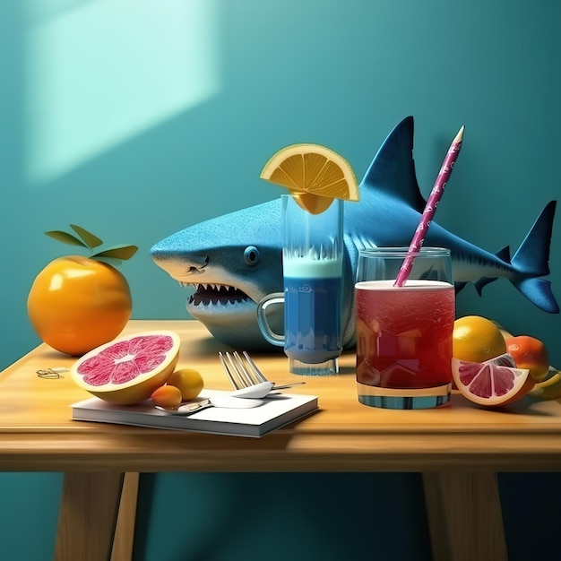 Un tiburón azul está sobre una mesa con otros alimentos y bebidas.