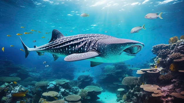 Tiburón ballena tropical gigante bajo el agua en un brillante y colorido paisaje de arrecifes de coral