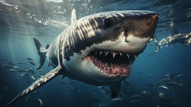 Tiburón blanco bajo el agua en el océano