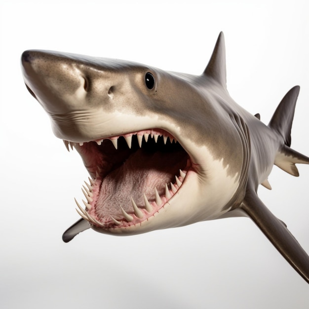 Un tiburón con la boca abierta y la boca abierta.