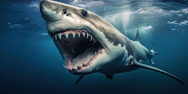 Tiburón boca dentada abierta con muchos dientes bajo el agua olas azules del mar agua transparente tiburón nada hacia adelante