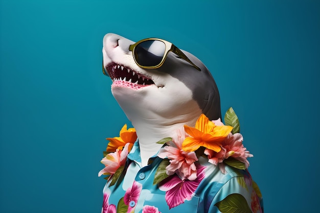 Un tiburón con una camisa hawaiana y gafas de sol.