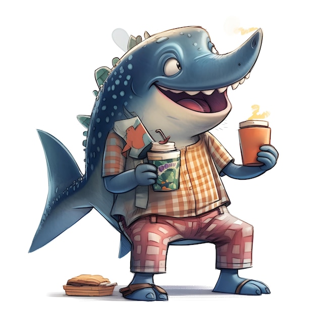 Un tiburón con camiseta comiendo comida rápida
