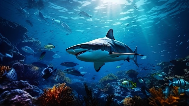 Un tiburón flotando en las profundidades del océano entre otras criaturas marinas