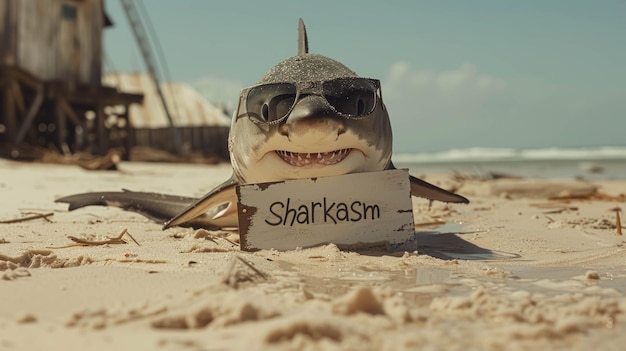 Tiburón gracioso con gafas de sol sosteniendo un cartel con la palabra Sharkasm Sarcasm Fondo