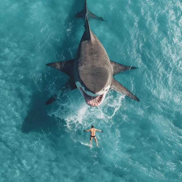 Un tiburón nada en el océano con un hombre nadando en el agua.