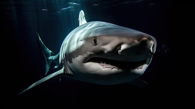 Un tiburón nadando en el agua con la boca abierta.