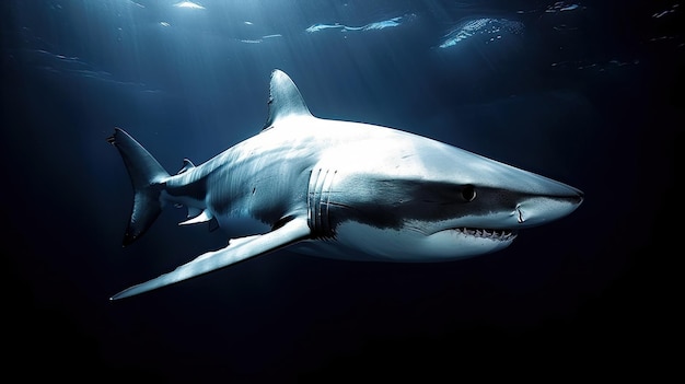 Un tiburón nadando en el océano con el sol brillando sobre el agua.