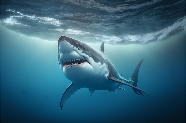 un tiburón con nariz blanca está nadando en el agua.