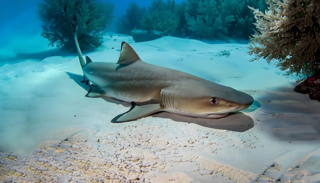 Foto un tiburón con nariz blanca y ojo morado