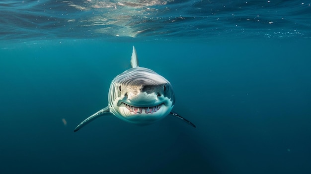 Tiburón del océano vista desde abajo boca peligrosa de dientes abiertos con muchos dientes Generativo Ai