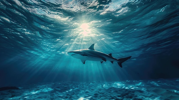 El tiburón del océano vista desde debajo del mar azul agua clara y rayos de sol ai generados