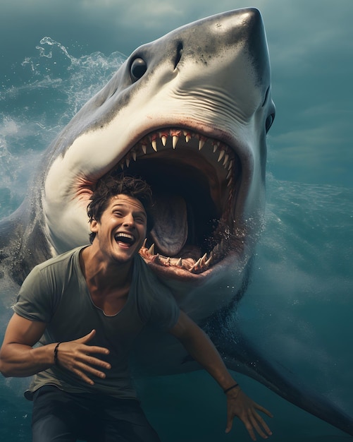 un tiburón riendo en un retrato en primer plano con un hombre