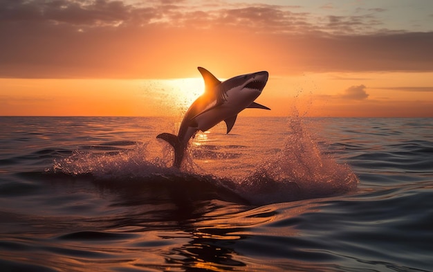 Un tiburón salta del agua al atardecer